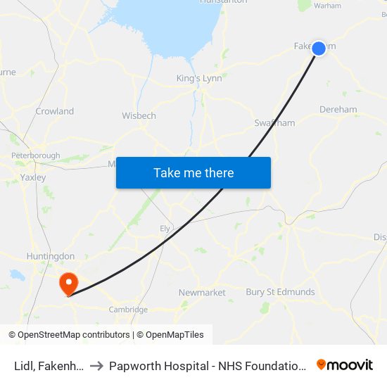 Lidl, Fakenham to Papworth Hospital - NHS Foundation Trust map