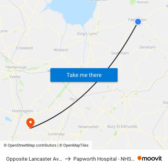 Opposite Lancaster Avenue, Fakenham to Papworth Hospital - NHS Foundation Trust map