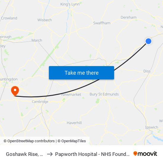 Goshawk Rise, Silfield to Papworth Hospital - NHS Foundation Trust map