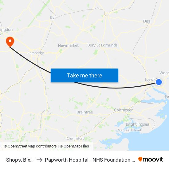Shops, Bixley to Papworth Hospital - NHS Foundation Trust map