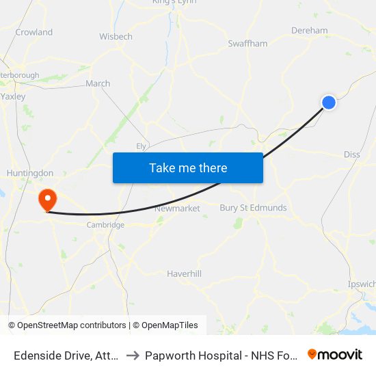 Edenside Drive, Attleborough to Papworth Hospital - NHS Foundation Trust map