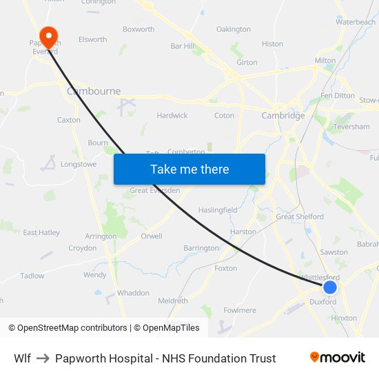 Wlf to Papworth Hospital - NHS Foundation Trust map