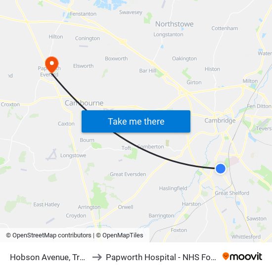 Hobson Avenue, Trumpington to Papworth Hospital - NHS Foundation Trust map