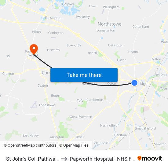 St John's Coll Pathway, Cambridge to Papworth Hospital - NHS Foundation Trust map