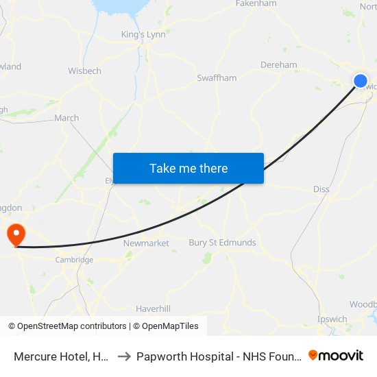 Mercure Hotel, Hellesdon to Papworth Hospital - NHS Foundation Trust map