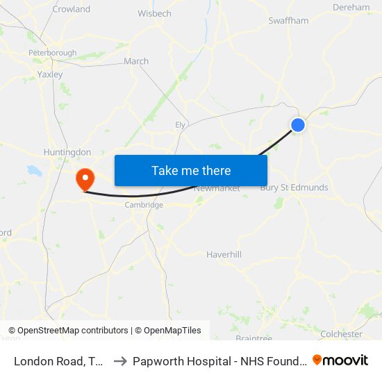 London Road, Thetford to Papworth Hospital - NHS Foundation Trust map