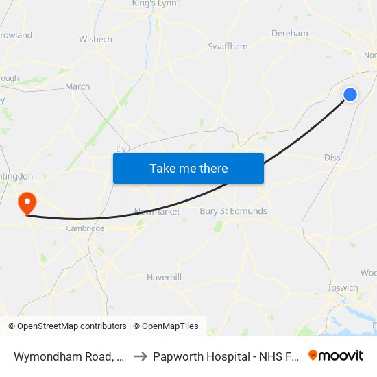 Wymondham Road, Wreningham to Papworth Hospital - NHS Foundation Trust map