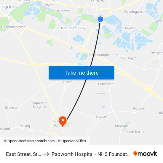 East Street, St Ives to Papworth Hospital - NHS Foundation Trust map