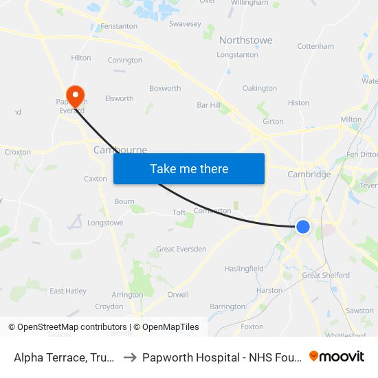 Alpha Terrace, Trumpington to Papworth Hospital - NHS Foundation Trust map