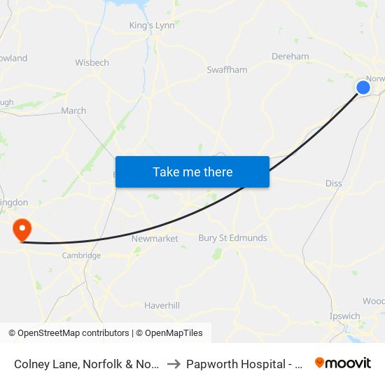 Colney Lane, Norfolk & Norwich University Hospital to Papworth Hospital - NHS Foundation Trust map