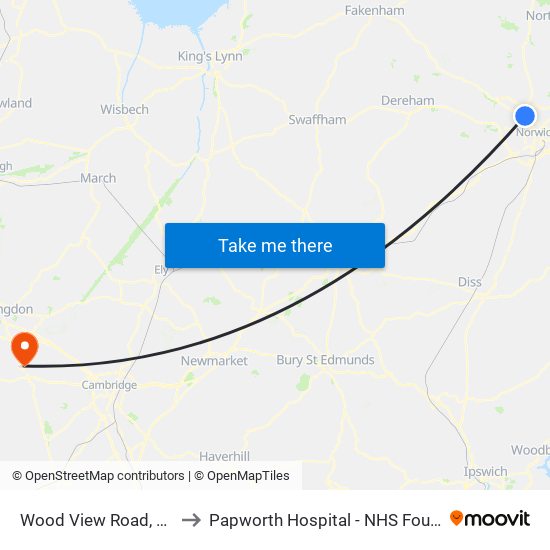 Wood View Road, Hellesdon to Papworth Hospital - NHS Foundation Trust map