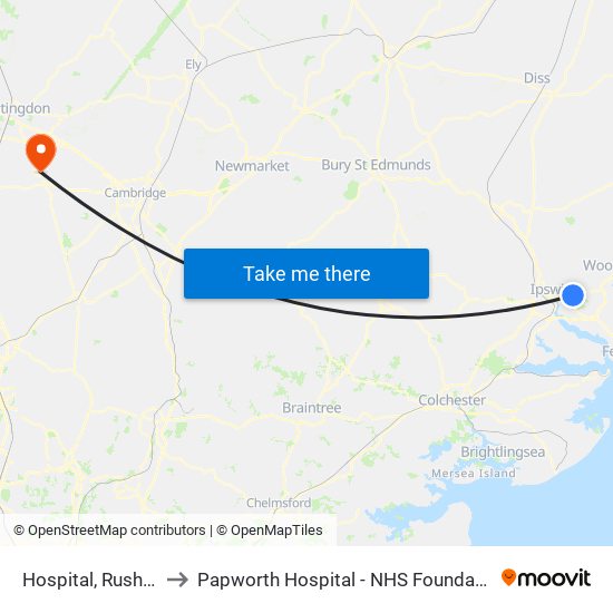 Hospital, Rushmere to Papworth Hospital - NHS Foundation Trust map