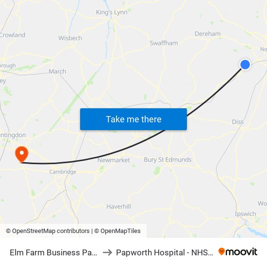 Elm Farm Business Park, Wymondham to Papworth Hospital - NHS Foundation Trust map