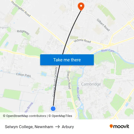 Selwyn College, Newnham to Arbury map