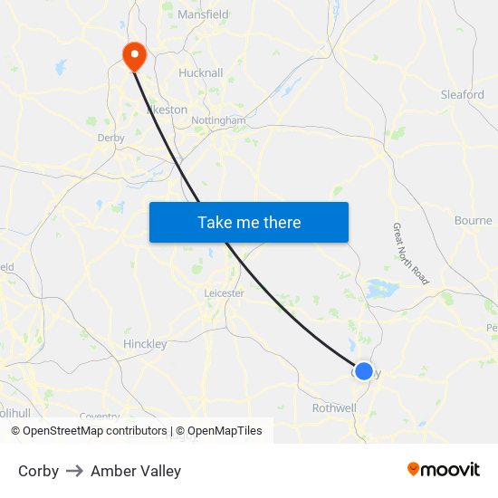 Corby to Amber Valley map