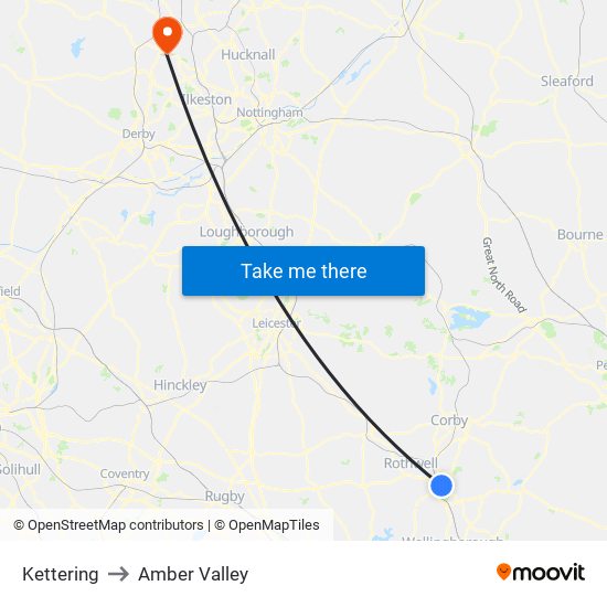 Kettering to Amber Valley map