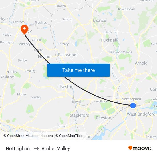 Nottingham to Amber Valley map