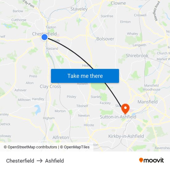 Chesterfield to Ashfield map
