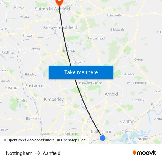 Nottingham to Ashfield map