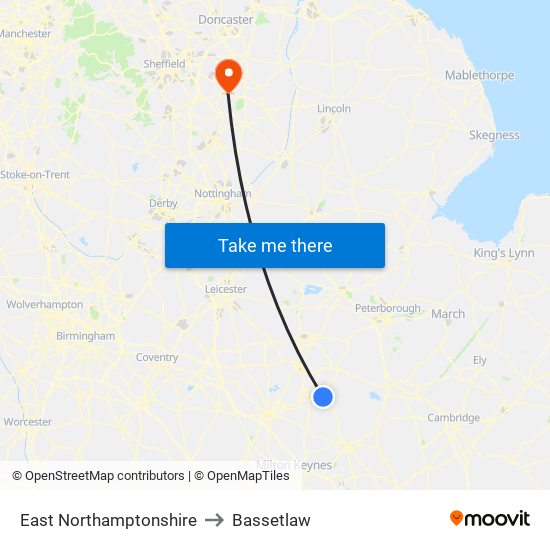 East Northamptonshire to Bassetlaw map