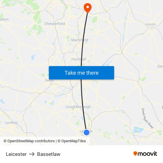 Leicester to Bassetlaw map