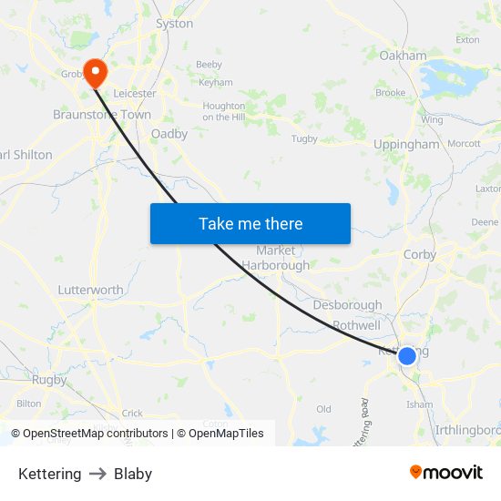 Kettering to Blaby map