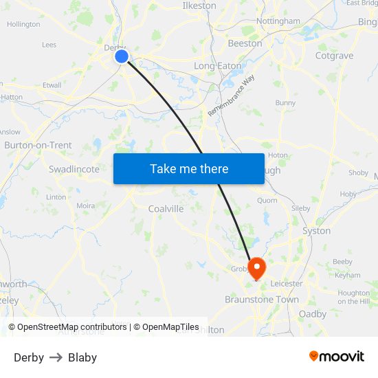 Derby to Blaby map