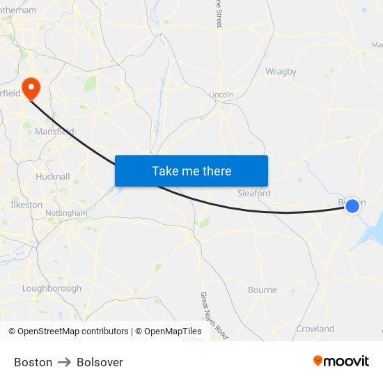 Boston to Bolsover map