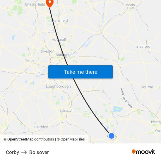 Corby to Bolsover map