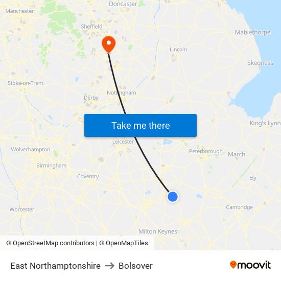 East Northamptonshire to Bolsover map