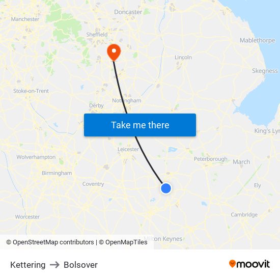 Kettering to Bolsover map
