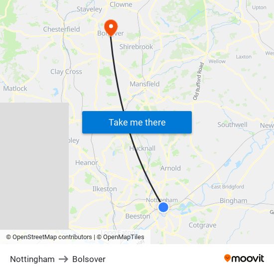 Nottingham to Bolsover map