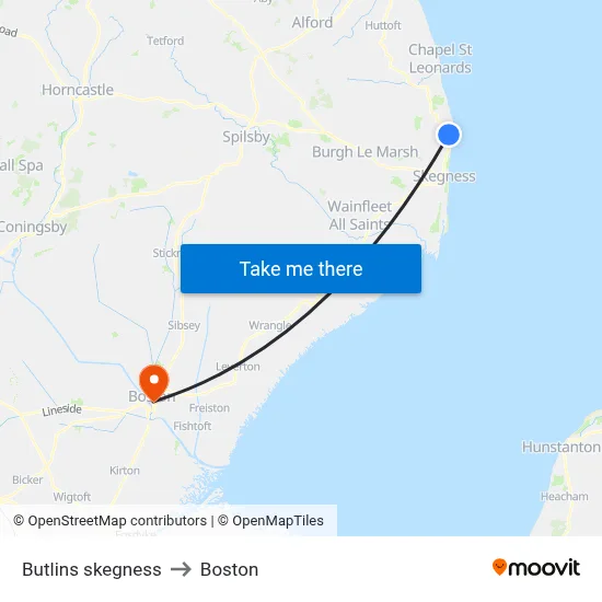 Butlins skegness to Boston map