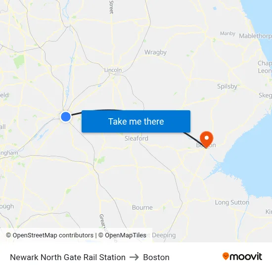 Newark North Gate Rail Station to Boston map