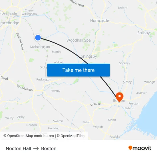 Nocton Hall to Boston map