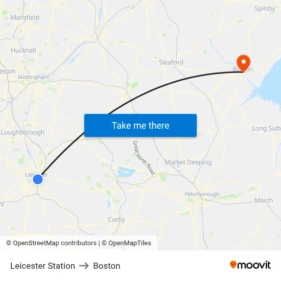 Leicester Station to Boston map