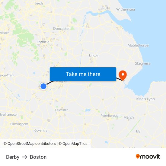 Derby to Boston map