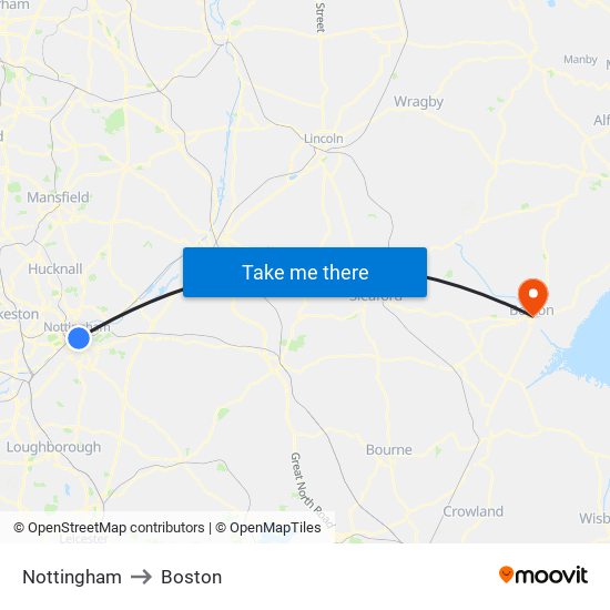 Nottingham to Boston map