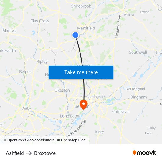 Ashfield to Broxtowe map