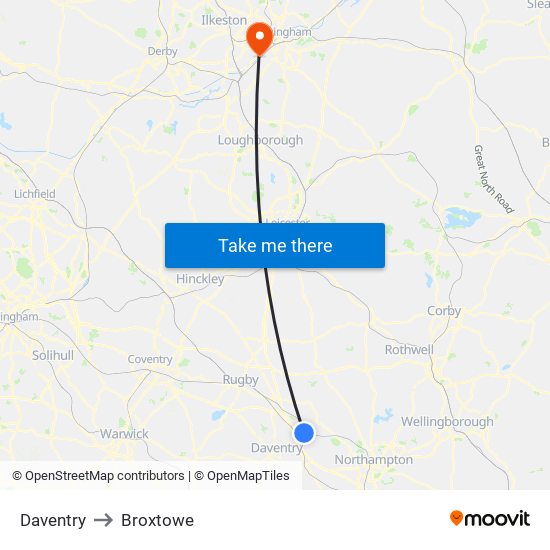 Daventry to Broxtowe map