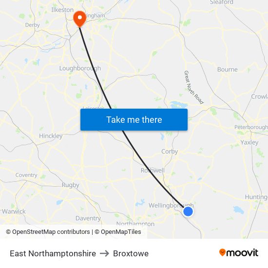 East Northamptonshire to Broxtowe map