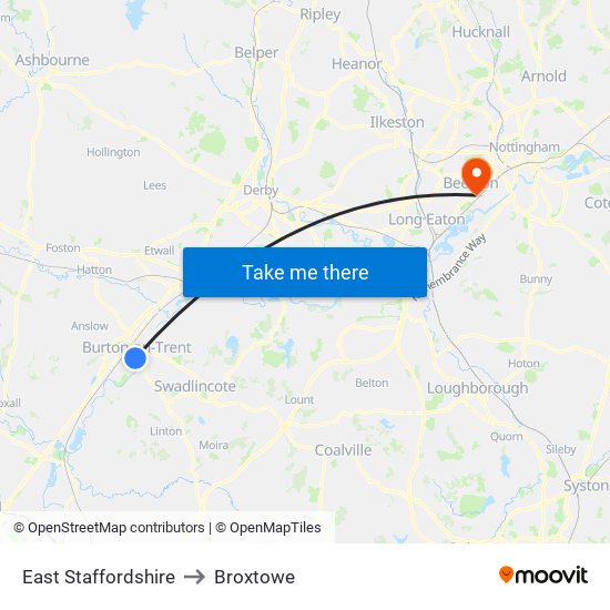 East Staffordshire to Broxtowe map