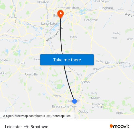 Leicester to Broxtowe map