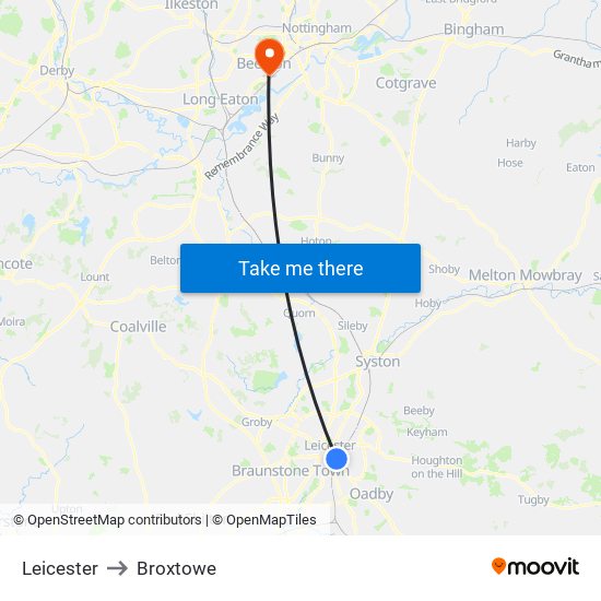 Leicester to Broxtowe map