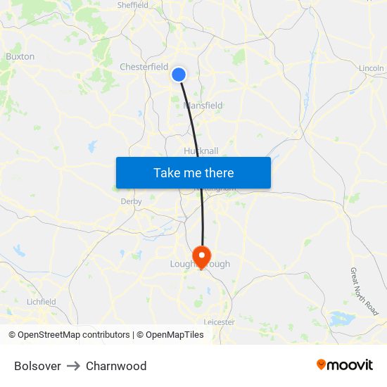 Bolsover to Charnwood map