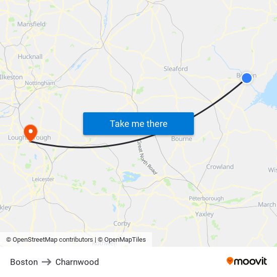 Boston to Charnwood map