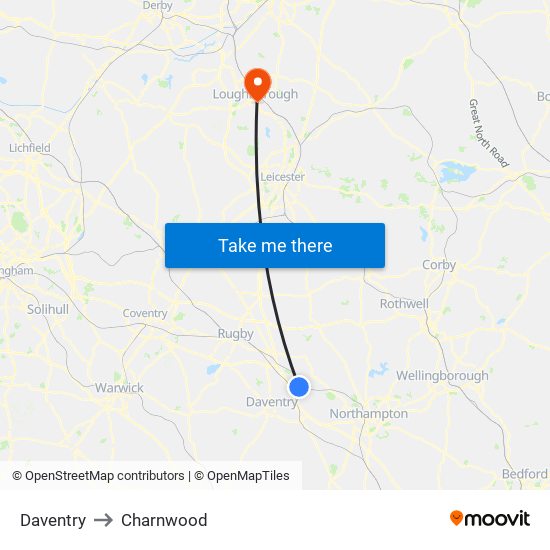 Daventry to Charnwood map