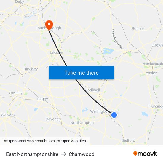 East Northamptonshire to Charnwood map
