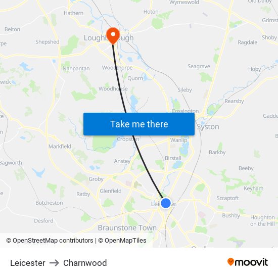 Leicester to Charnwood map