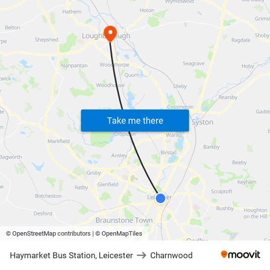 Haymarket Bus Station, Leicester to Charnwood map